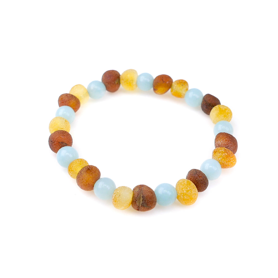 Tobillera de dentición natural para bebé con ámbar multicolor y aguamarina azul