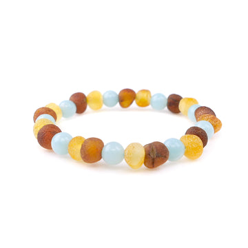 STRETCH MULTICOLOR BALTIC AMBER ANKLET FOR INFANT WITH BLUE AQUAMARINE
