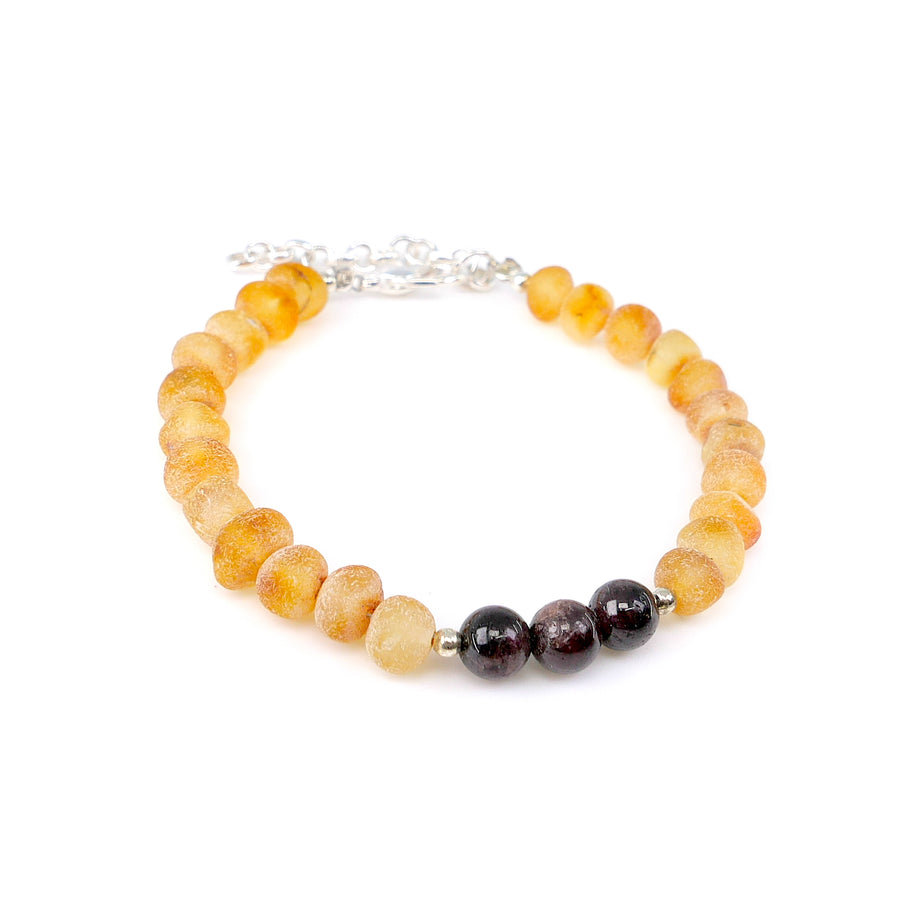 Pulsera de ámbar báltico miel y granate para estimular la energía en niños Acuario