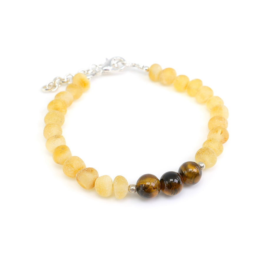 Accesorio artesanal para niños con ámbar y ojo de tigre para equilibrio emocional