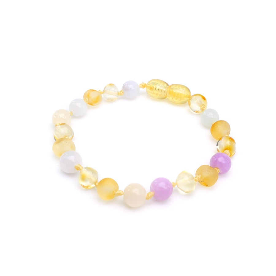 Pulsera/tobillera de dentición con ámbar auténtico y calcedonia suave