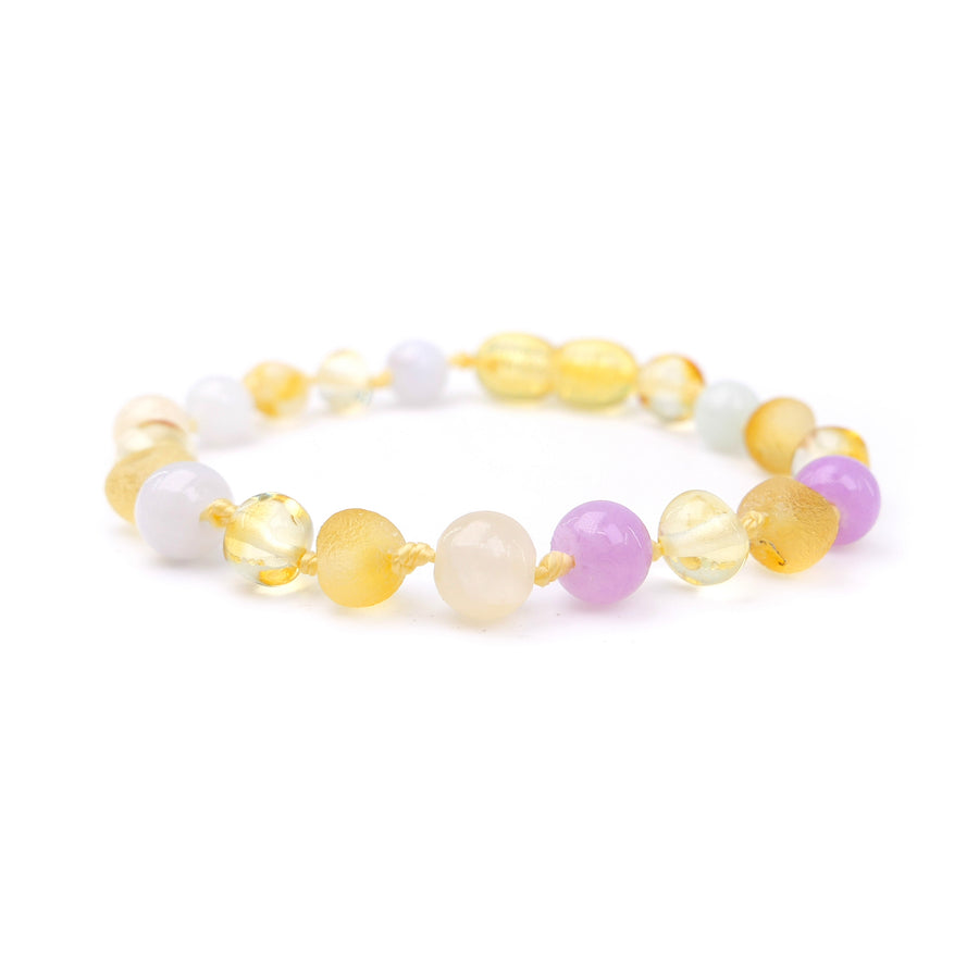 Joyería hecha a mano para bebé con ámbar multicolor y calcedonia