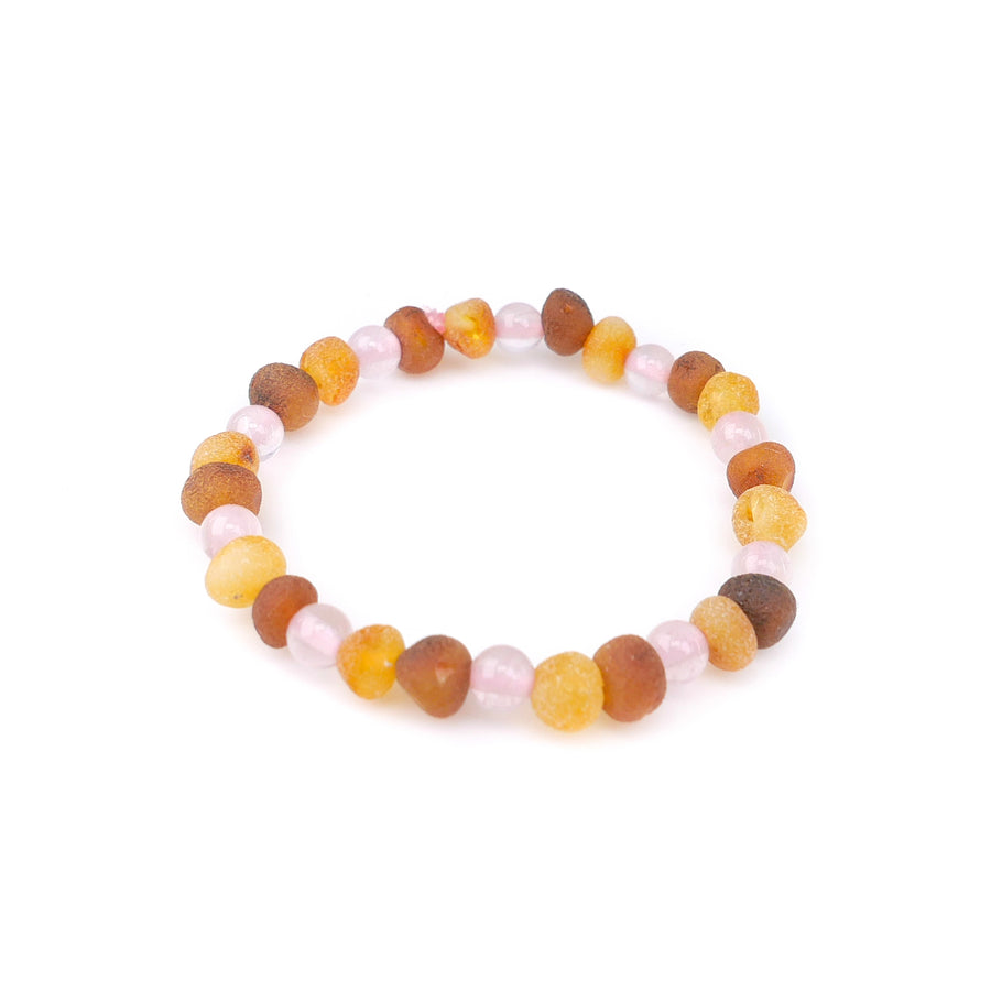 Accesorio natural para bebé: tobillera de dentición con ámbar multicolor y cuarzo rosa