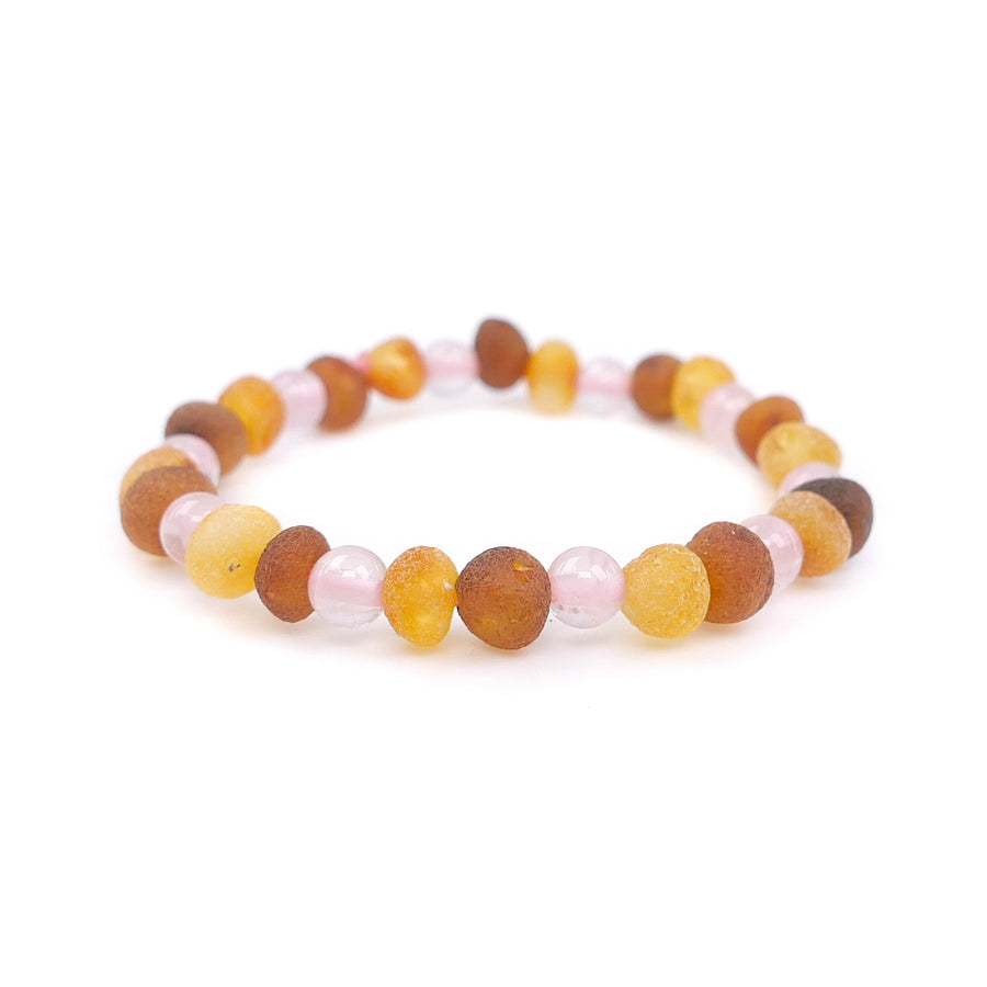 Tobillera de dentición artesanal con ámbar multicolor y piedra de cuarzo rosa