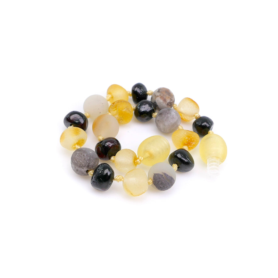 Pulsera de ámbar báltico para niños con detalles de amazonita